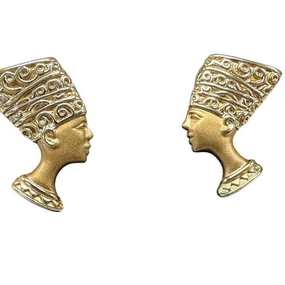 Vtg Earrings Egyptian Nefertiti Pharaoh Queen Post Style Pierced 80s - Picture 1 of 4